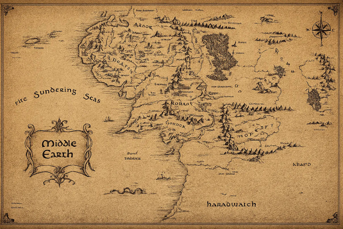 Parchment fantasy map print with ornate crest and compass rose
