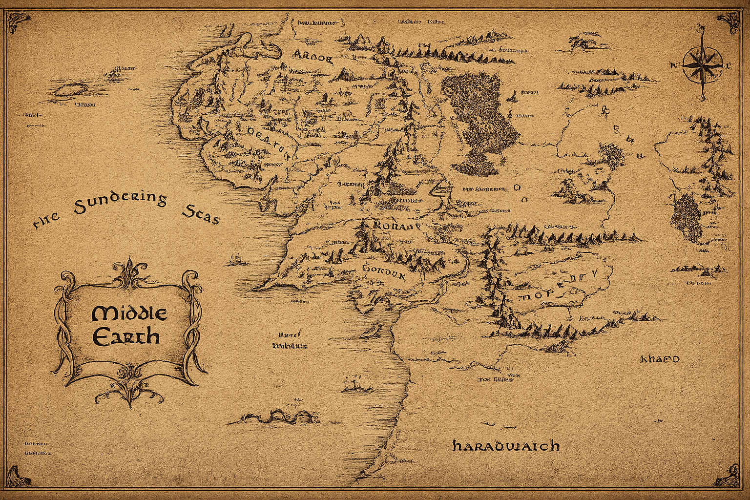 Parchment fantasy map print with ornate crest and compass rose
