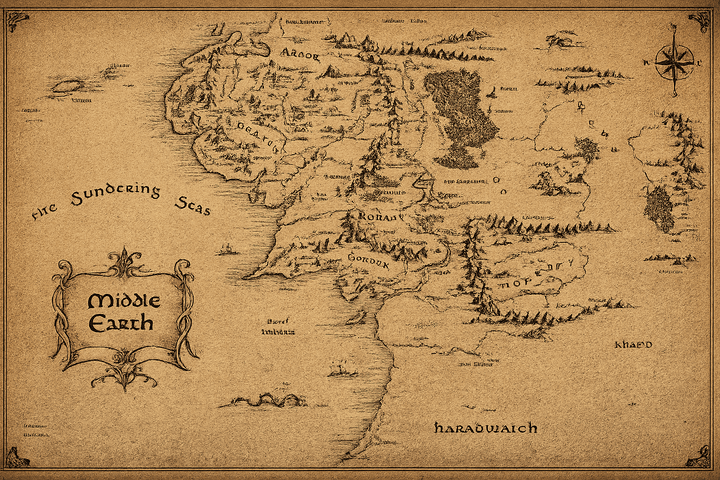 Parchment fantasy map print with ornate crest and compass rose