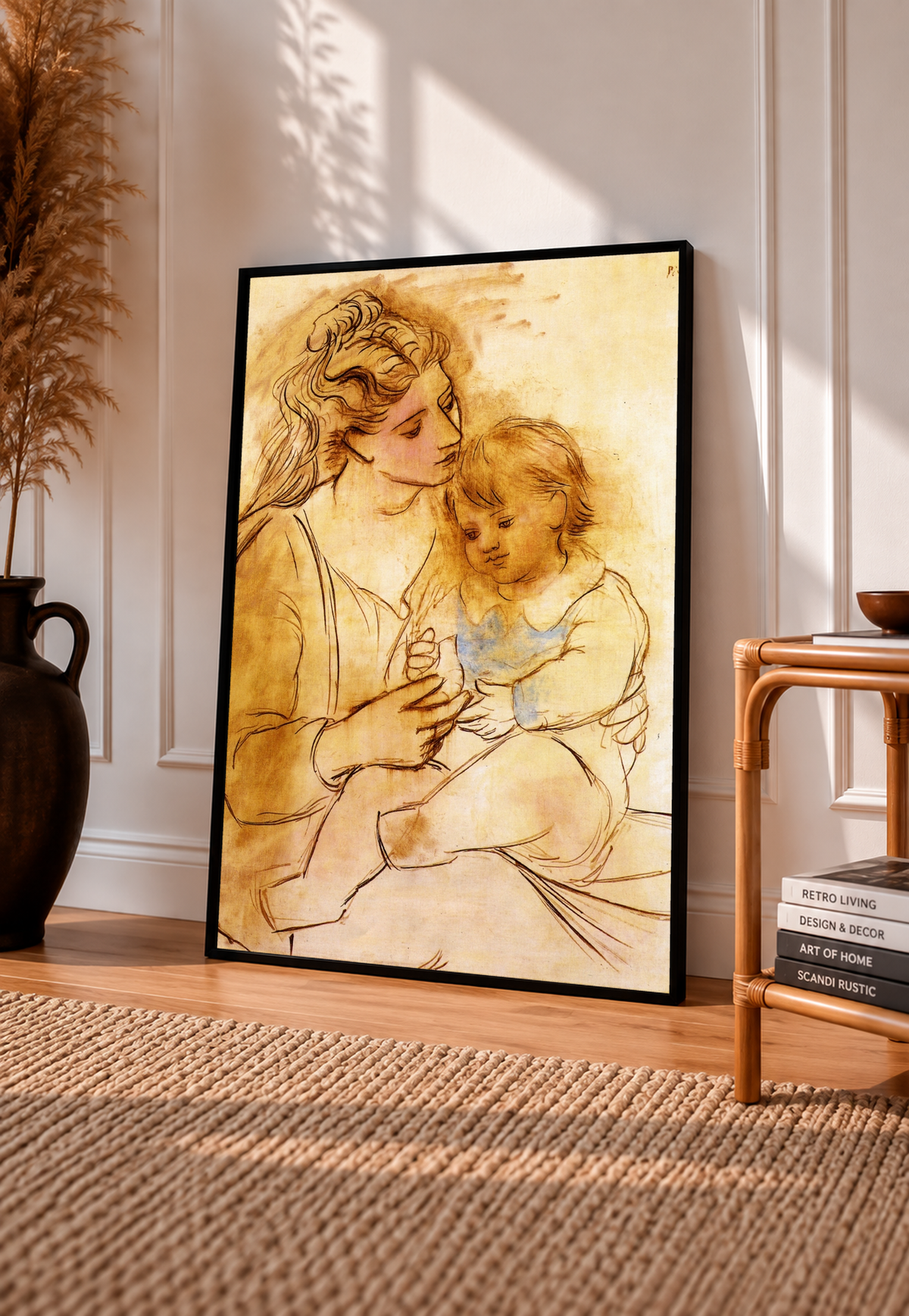 Picasso Mother and Child Print in a black frame leaning against a sunlit wall, showing a seated mother embracing her child in warm ochre tones beside wooden furniture and a woven rug.