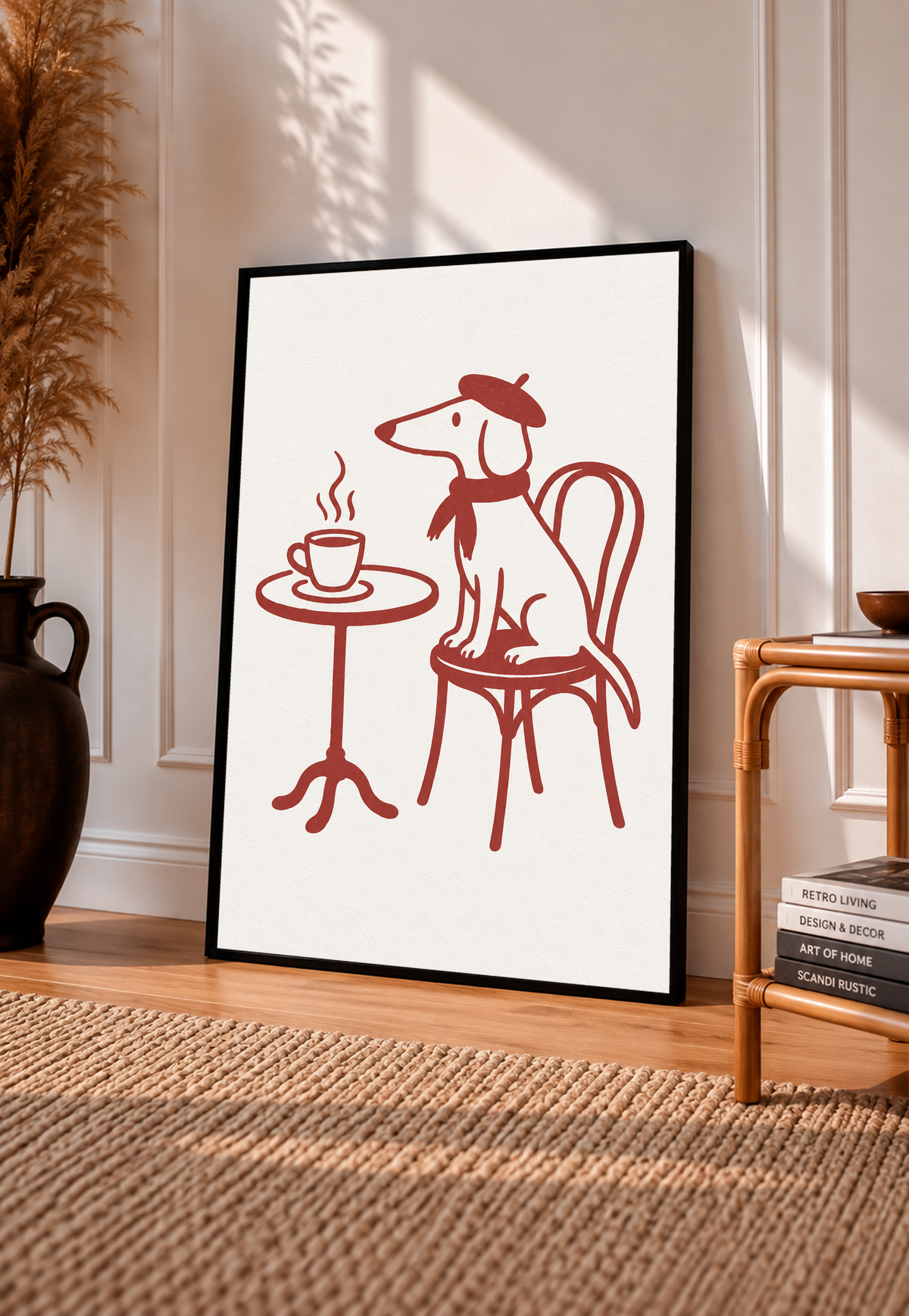Perro de hocico largo con boina y bufanda sentado en una silla de bistró junto a una taza humeante y mesa redonda, en líneas rojas sobre crema, en un marco negro apoyado en una pared con molduras y luz solar, junto a una alfombra tejida y una pequeña estantería.