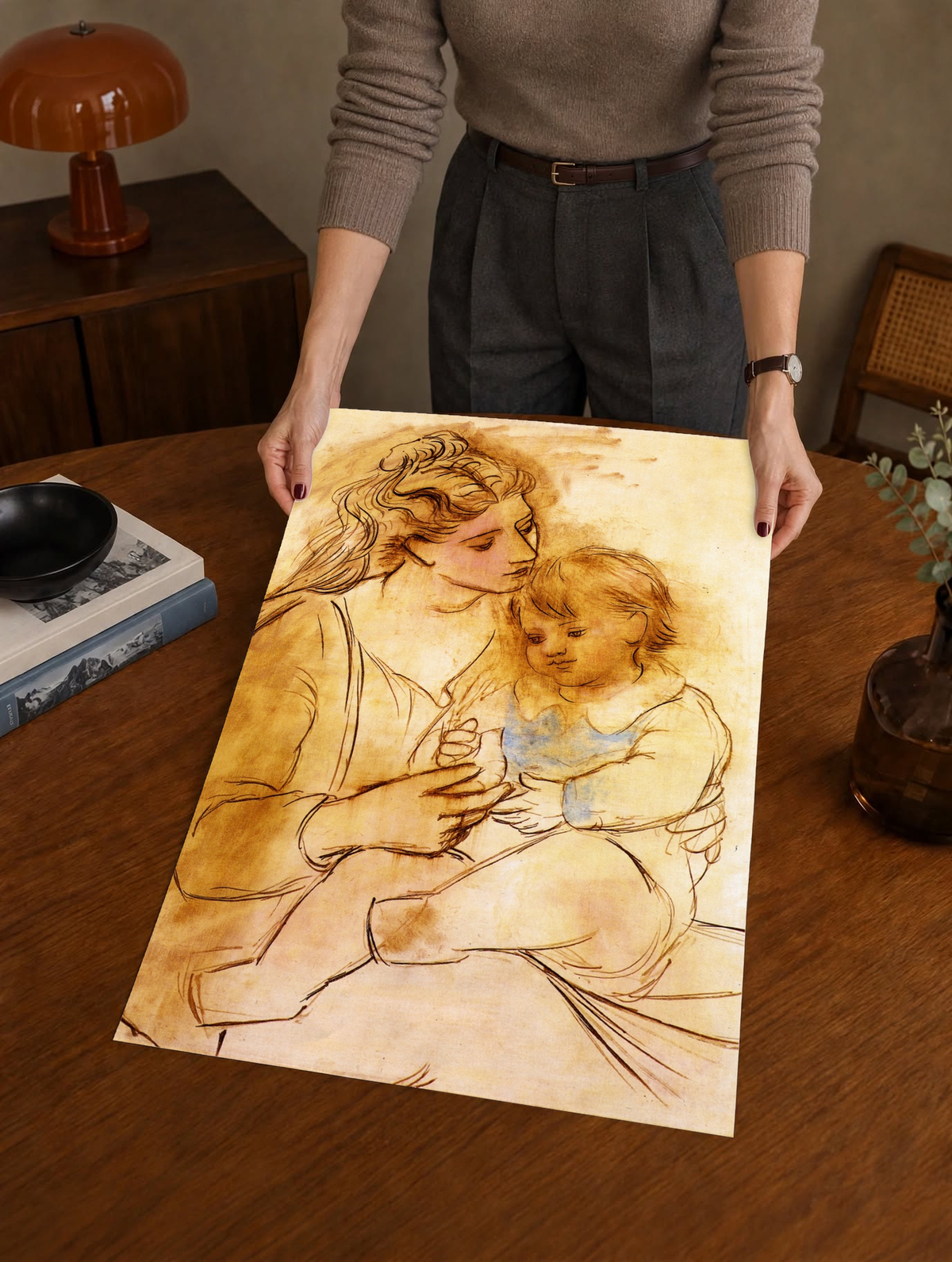 3. Picasso Mother and Child Print balances detailed faces with open areas of warm cream, allowing the mother's protective embrace, the child's resting posture and their intertwined hands to remain clearly visible.