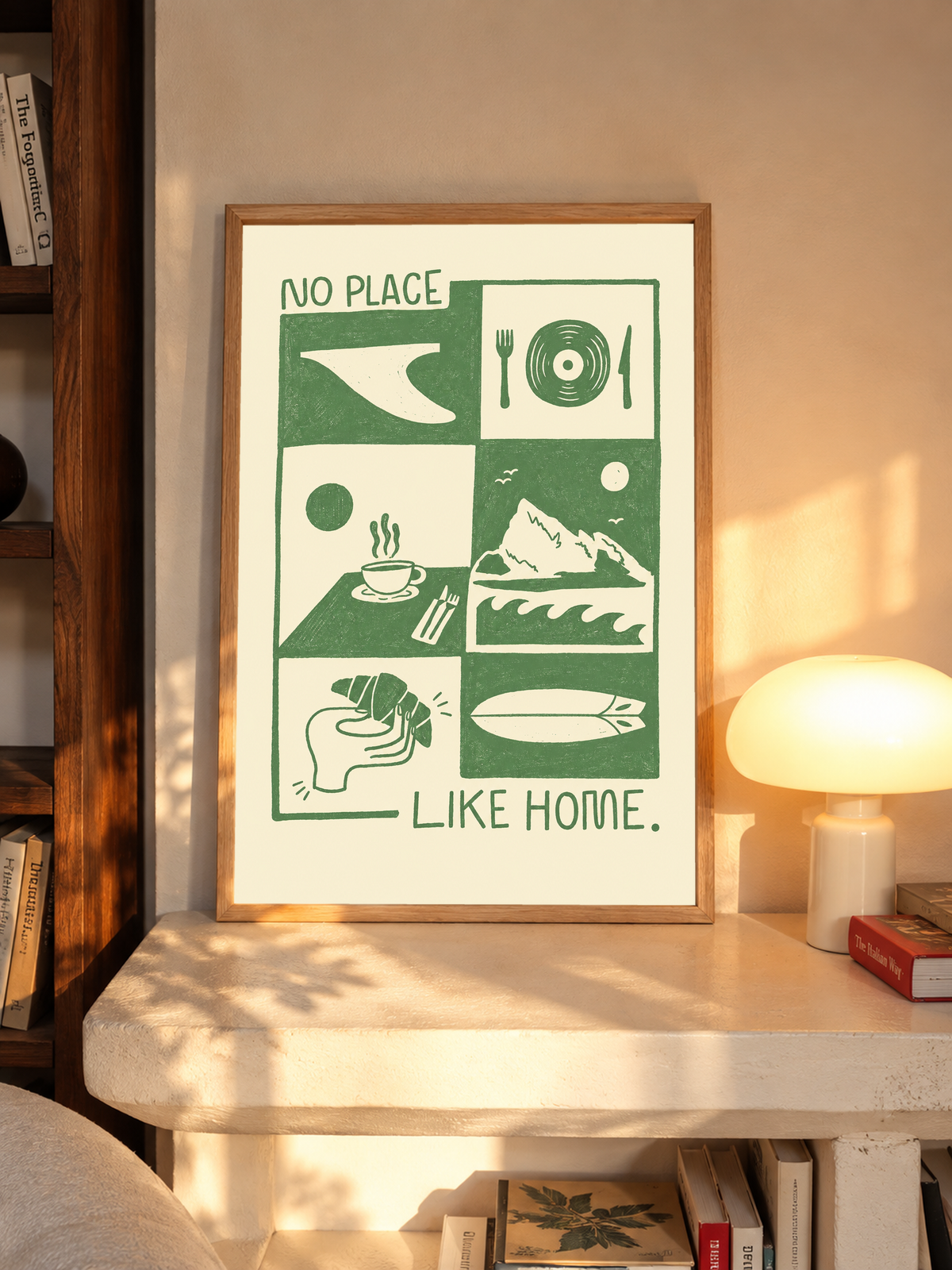 Green-and-cream framed wall art print with “NO PLACE LIKE HOME” collage graphics