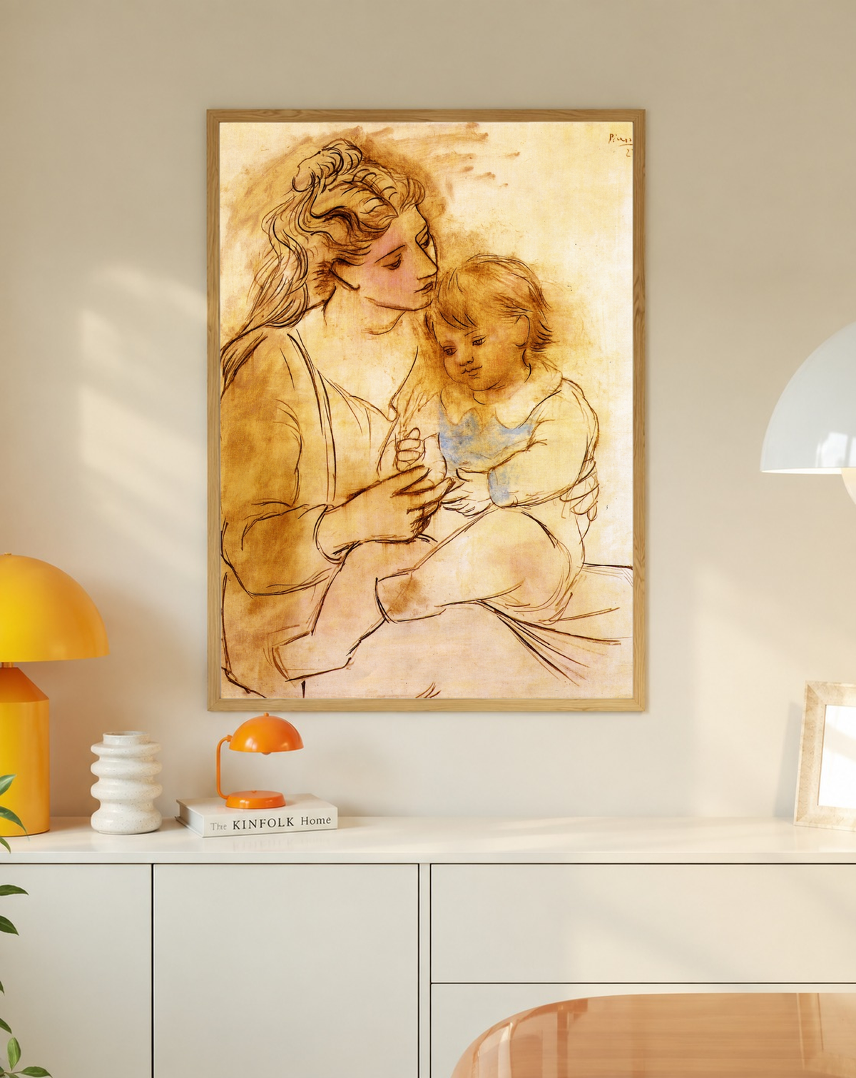 Picasso Mother and Child Print captures the mother's lowered gaze towards the child on her lap, with flowing hair contours and lightly shaded clothing bringing softness to the closely arranged figures.