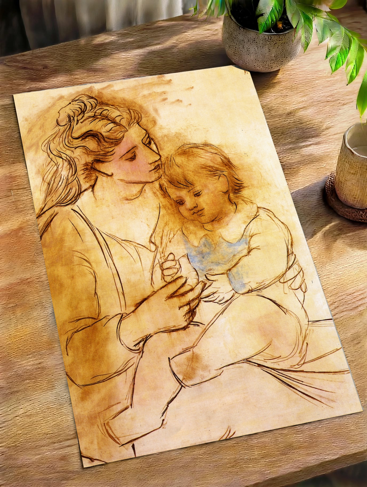 A restrained patch of blue draws attention to the child's clothing in the Picasso Mother and Child Print, contrasting with ochre shading, flowing brown contours and the pale space around the mother's face.