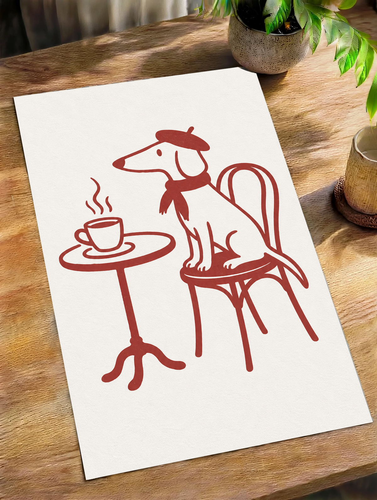 Cane dal muso lungo con basco e sciarpa su una sedia da bistrot, vicino a una tazza fumante e un tavolino rotondo, a linee rosse su crema, come poster sciolto disposto in diagonale su un tavolo di legno accanto a piante in vaso.
