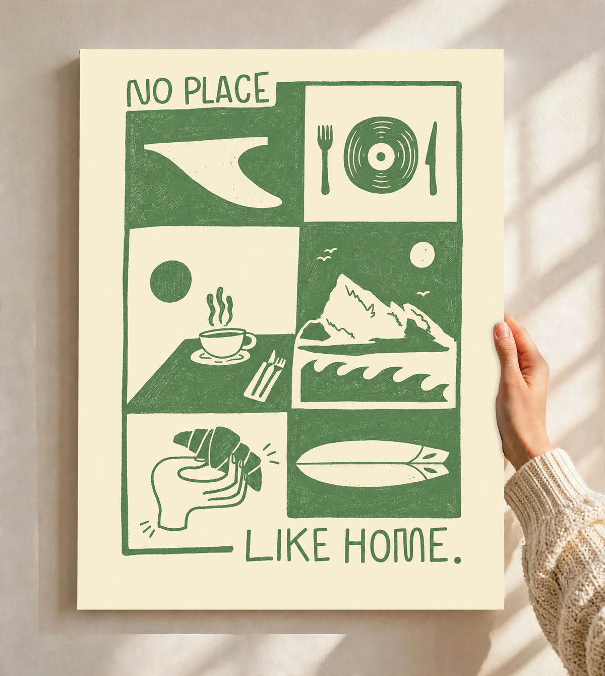 Green-and-cream art print with “NO PLACE LIKE HOME” text and utensil/landscape collage