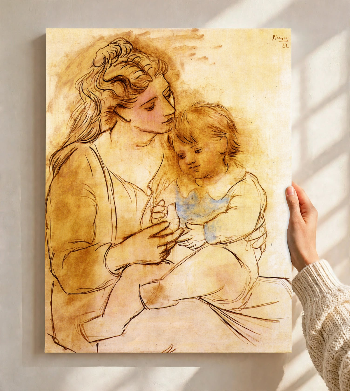 Overlapping hands form an intimate focal point in the Picasso Mother and Child Print, where the mother's supporting arm curves around the child and fine outlines describe the folds across their laps.
