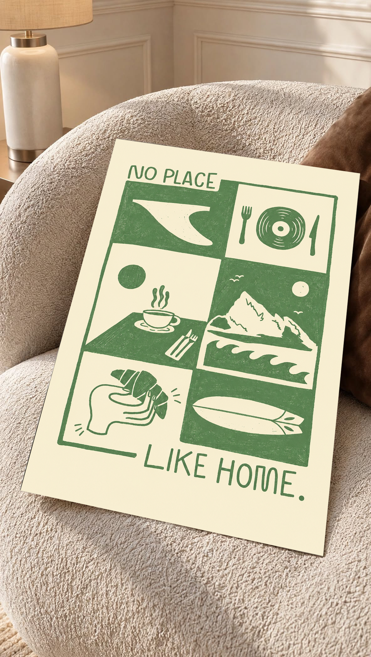 Green-and-cream wall art print reading “NO PLACE LIKE HOME” with collage icons