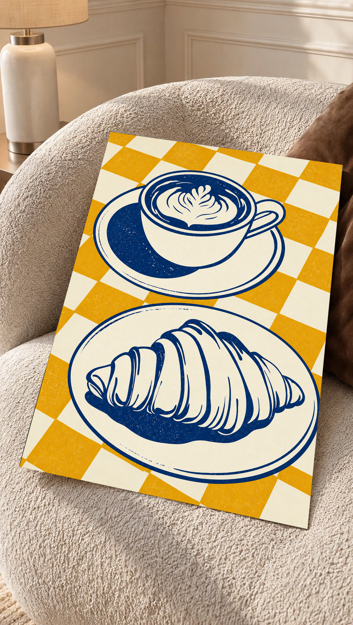 Immagine informativa nella galleria di Caffè e croissant su quadri gialli, con indicazioni sulla presentazione come poster.