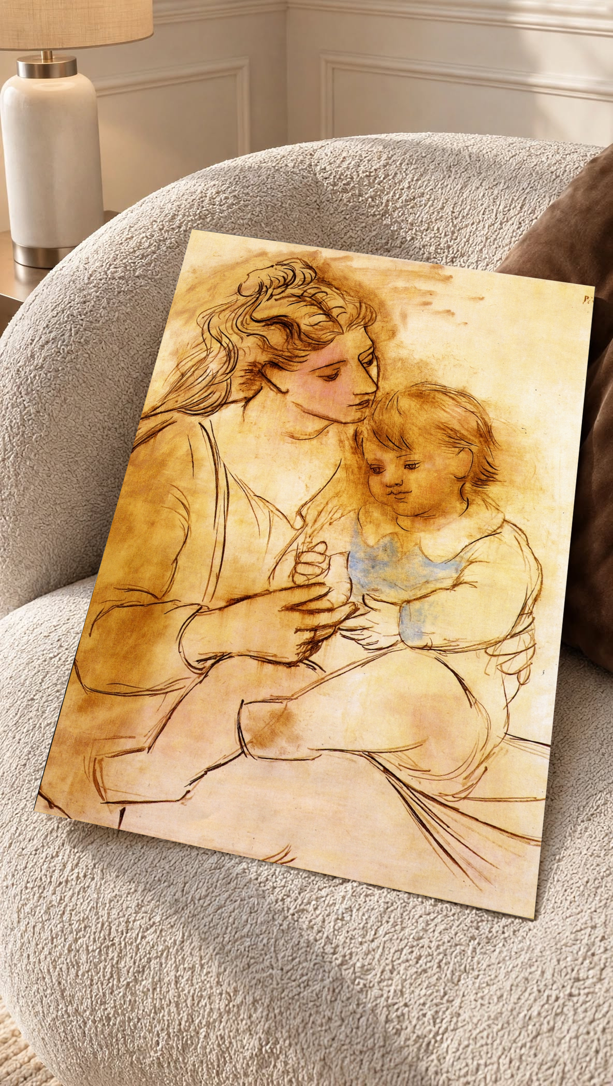 Picasso Mother and Child Print shows a child nestled against a seated mother, their heads leaning close together above loosely drawn garments, with cream highlights and brown shading defining the tender pose.