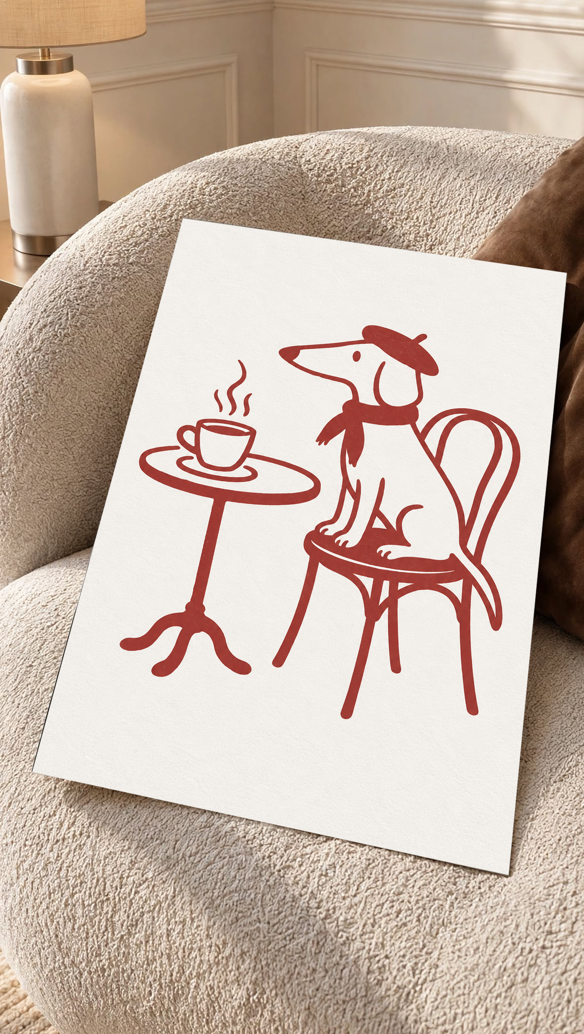 Cane dal muso lungo con basco e sciarpa su una sedia da bistrot, vicino a una tazza fumante e un tavolino rotondo, a linee rosse su crema, come poster sciolto appoggiato su una poltrona color crema dalla superficie strutturata.