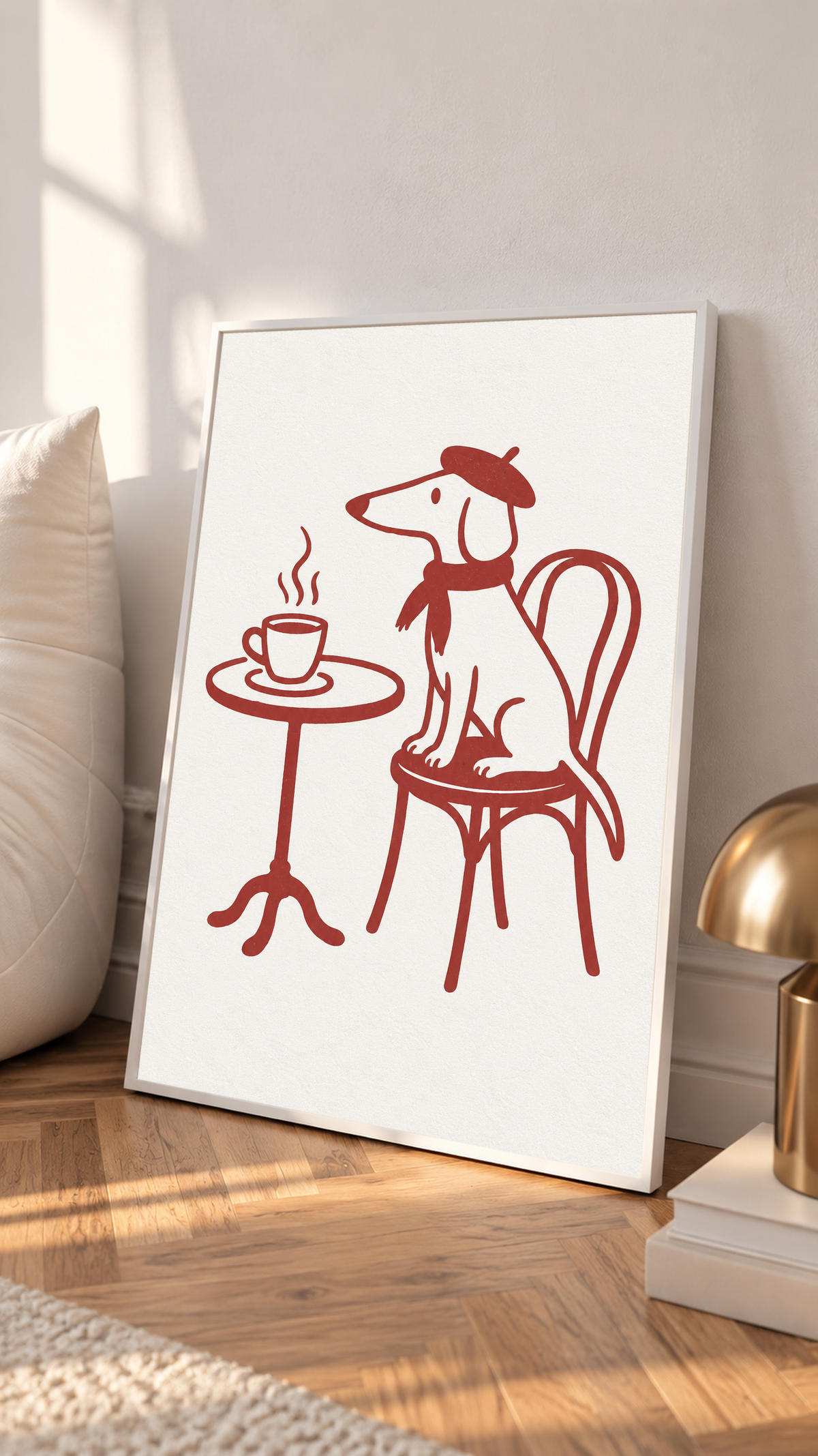 Cane dal muso lungo con basco e sciarpa su una sedia da bistrot, vicino a una tazza fumante e un tavolino rotondo, a linee rosse su crema, in una cornice bianca appoggiata su un pavimento di legno, accanto a un cuscino chiaro e una lampada color ottone.