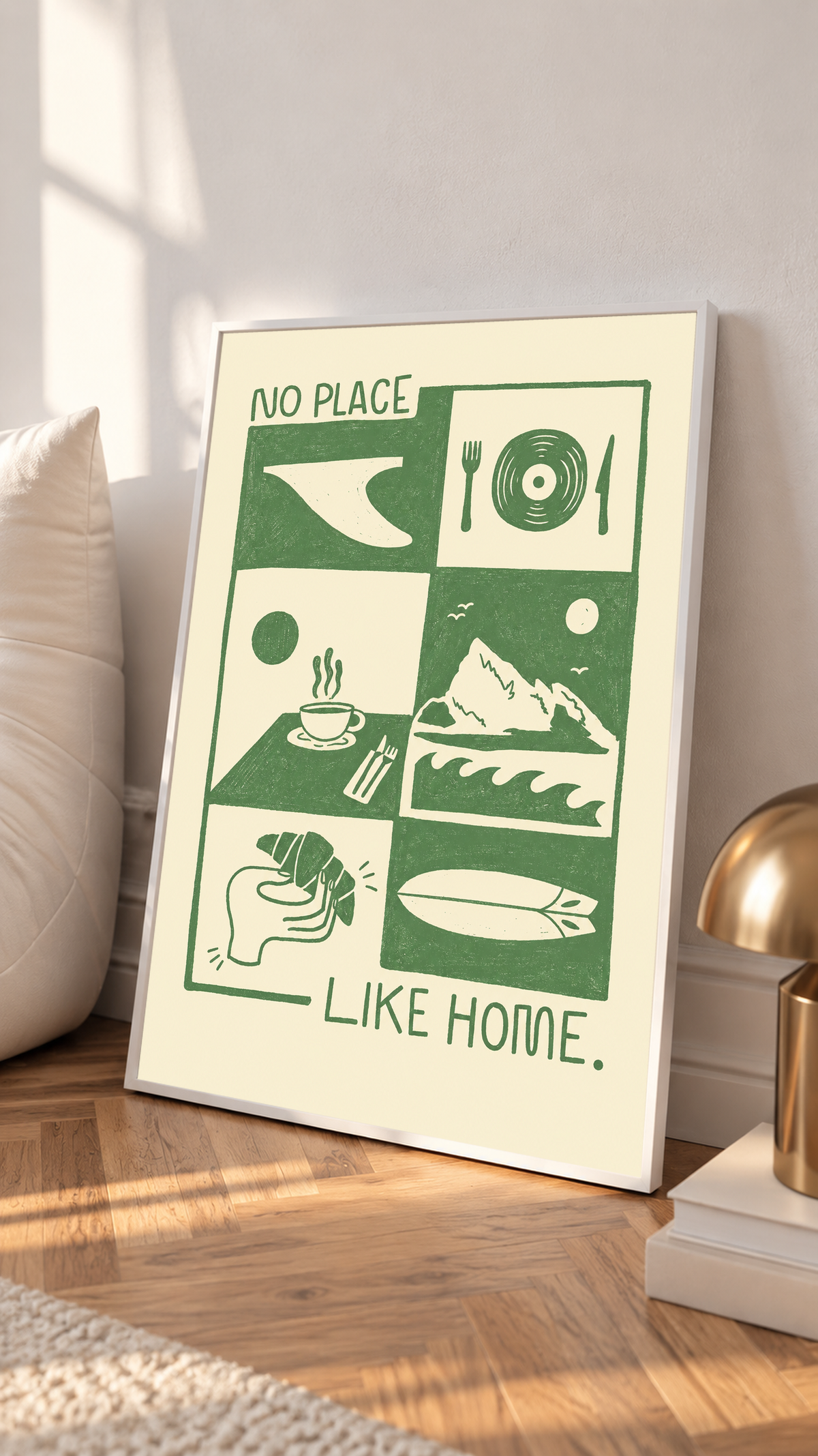 Green-and-cream framed wall art print with “NO PLACE LIKE HOME” collage illustration