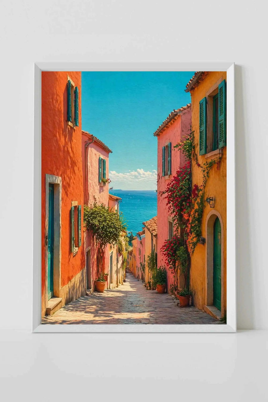 Impresión con marco blanco de un callejón colorido con cielo azul y vistas al océano