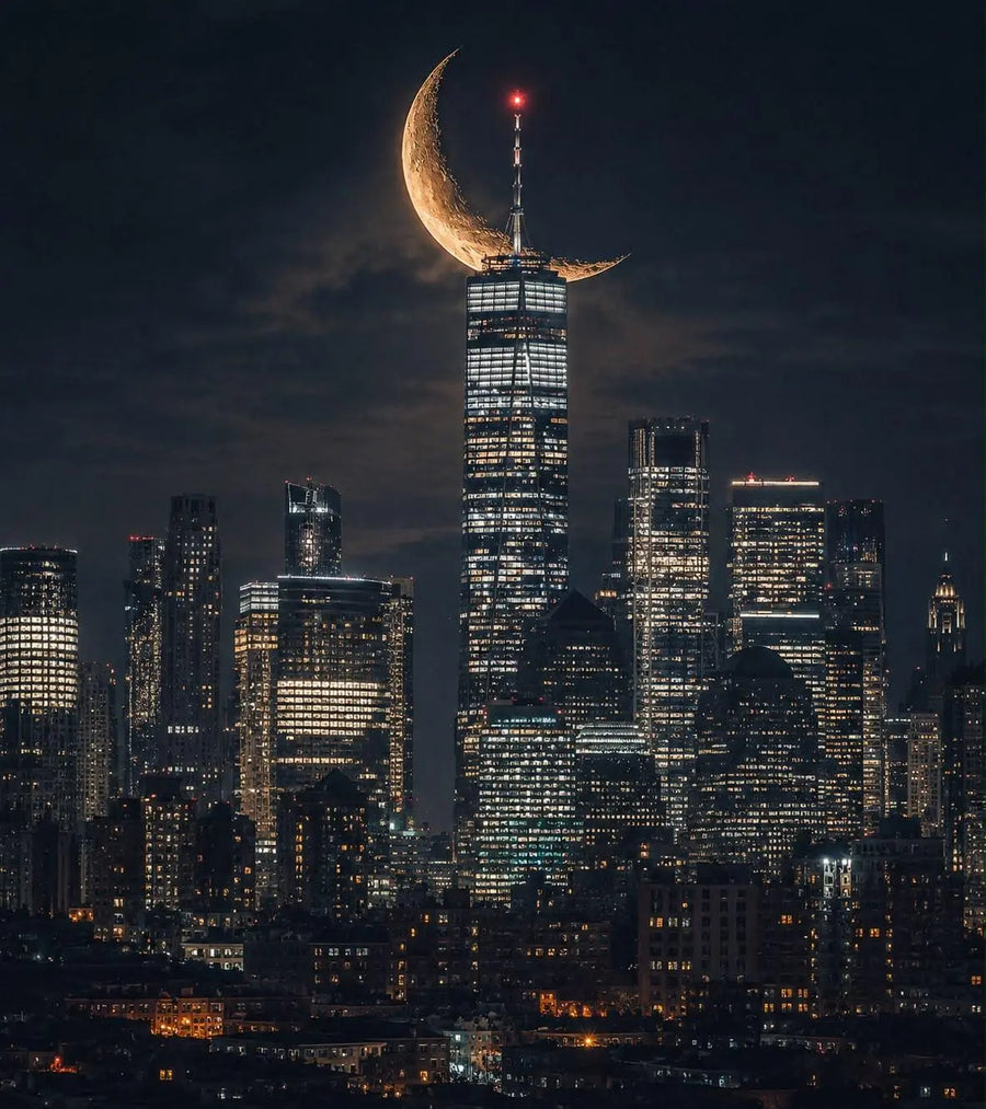 City skyline print with golden crescent moon above a tall skyscraper