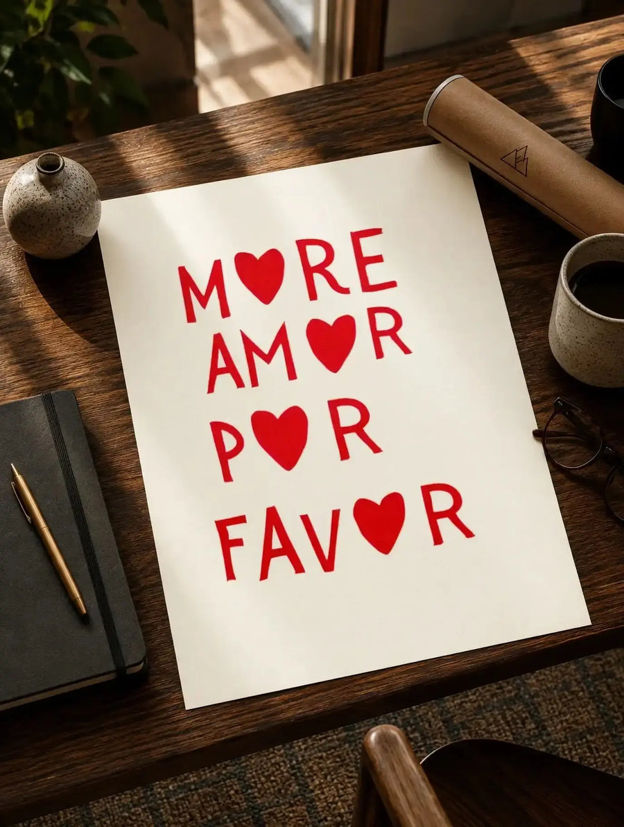 Romantic typography print on paper with red letters and hearts reading MORE AMOR POR FAVOR