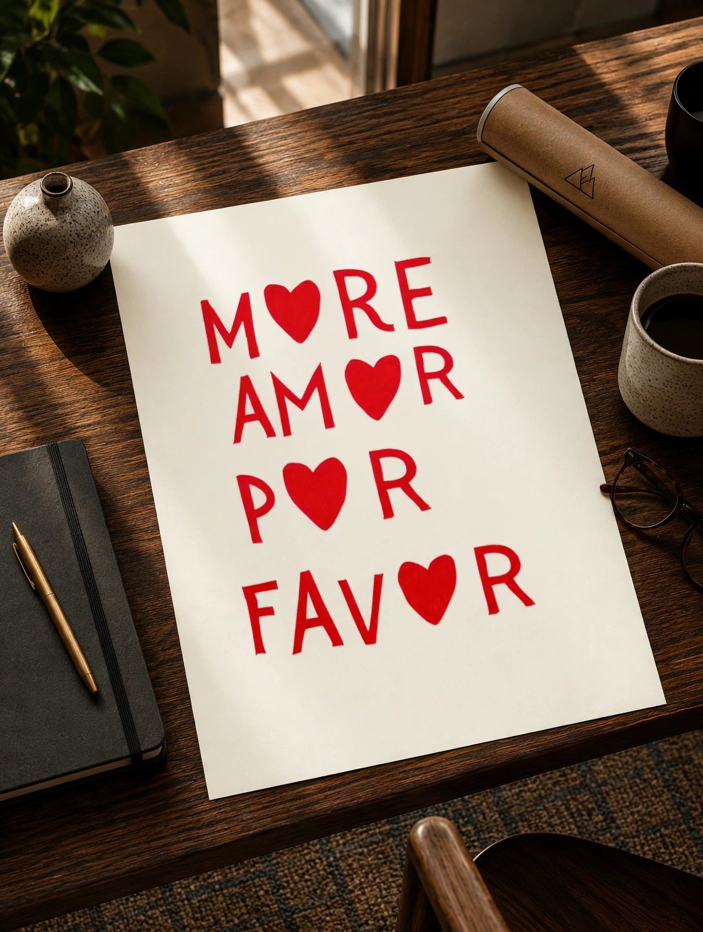 More Amor Typography Print featuring the phrase "More Amor Por Favor" in bold red lettering with playful heart accents on a clean white background.
