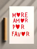 Romantic typographic print with red heart-lettering on cream poster, shown on wall