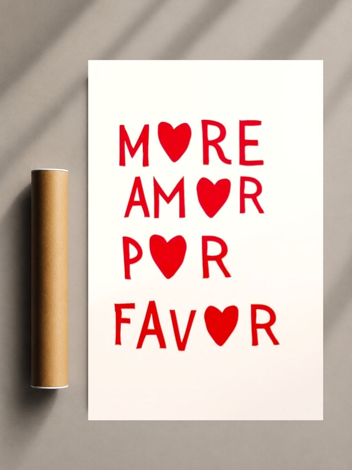 More Amor Typography Print showcasing modern typography and minimalist design with a romantic red and white colour palette.