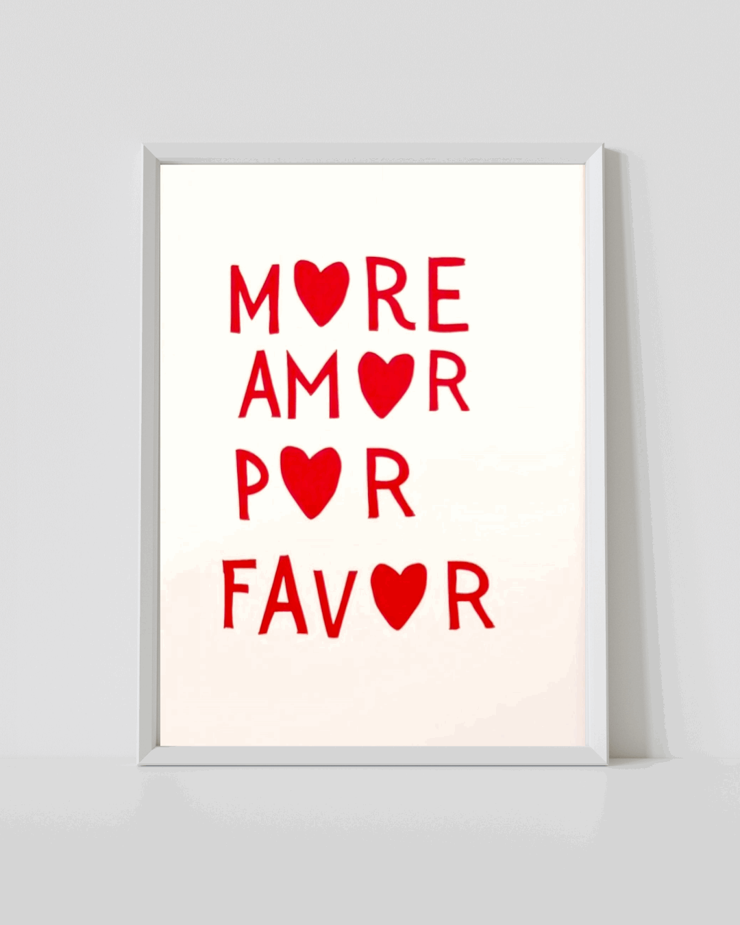 Framed romantic typography print with red text and heart icons on white background
