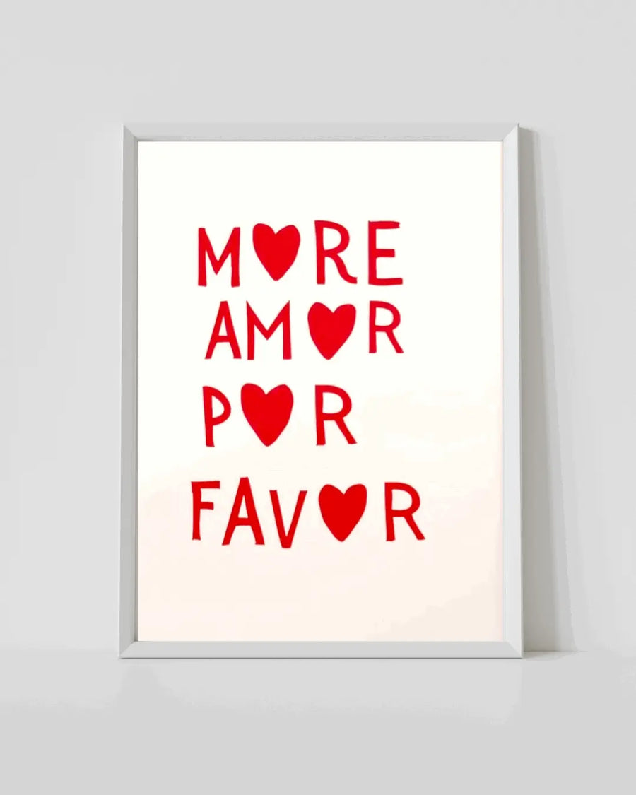 Framed romantic typography print with red text and heart icons on white background