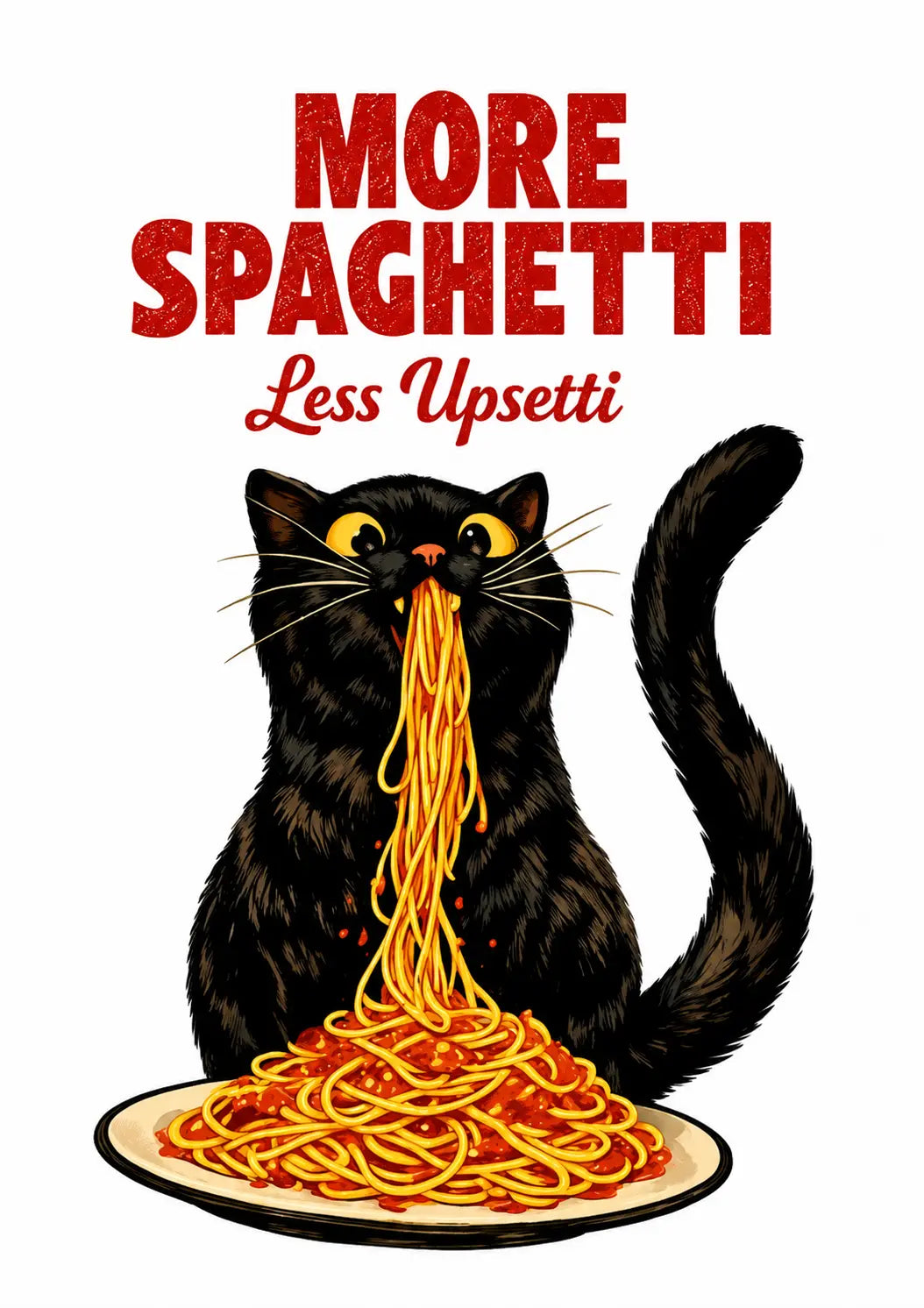 Spaghetti art print close-up: black cat with noodles and red “MORE SPAGHETTI”.