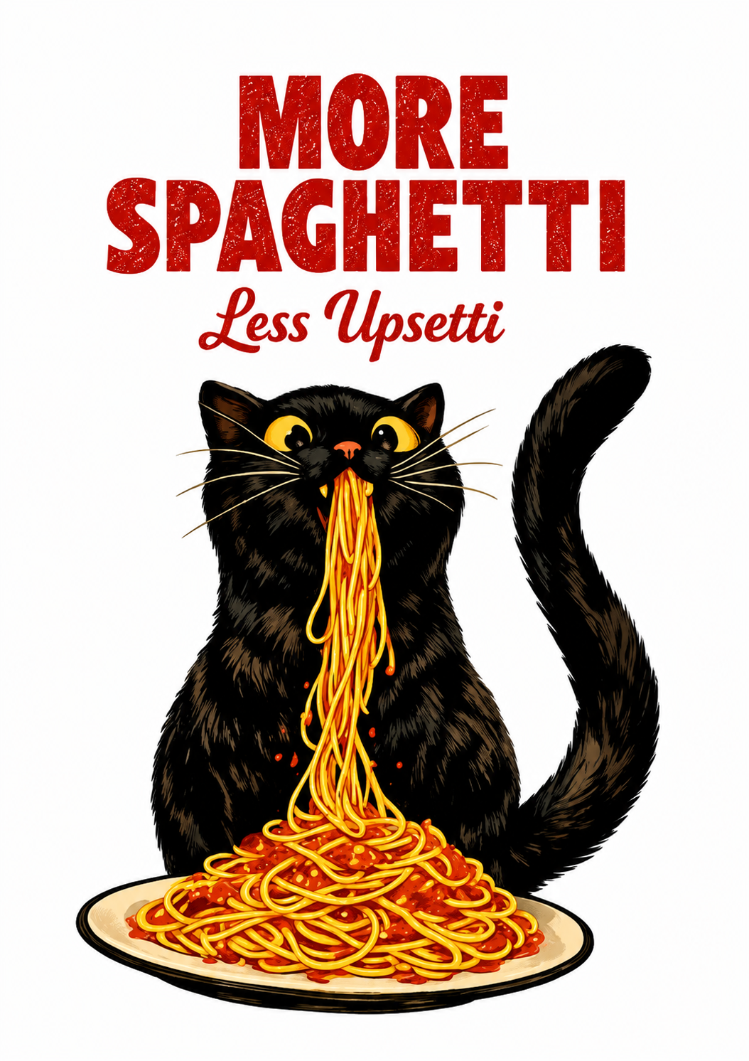 Spaghetti Upsetti Art Print shown as a paper poster with bold red typography and humorous cat artwork