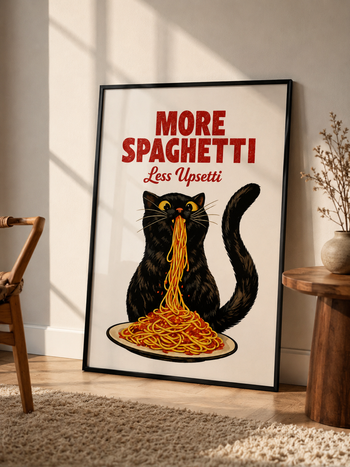 Spaghetti Upsetti Art Print displayed in a thin black frame with funny black cat and pasta illustration