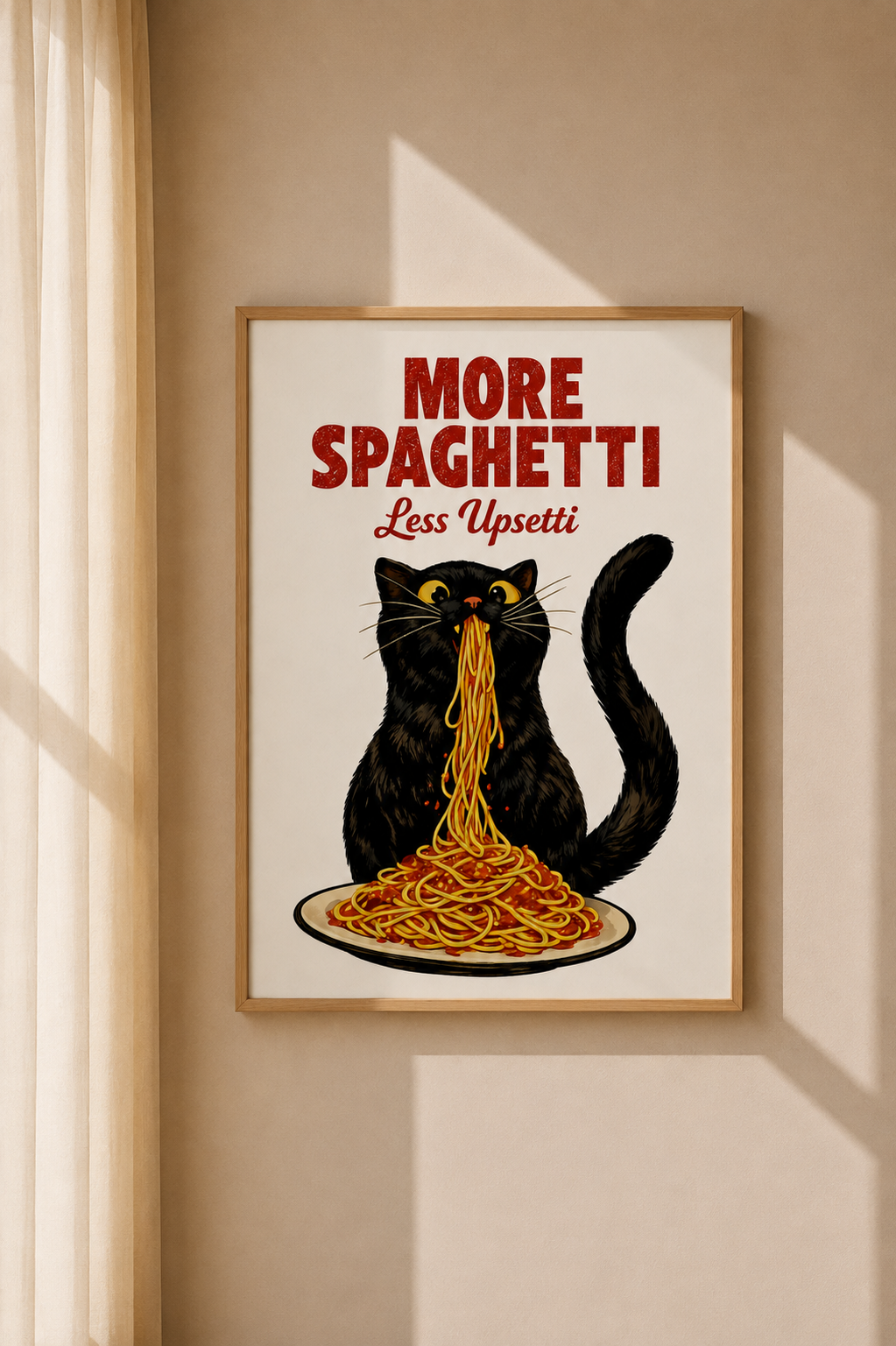 Spaghetti Upsetti Art Print shown as framed kitchen wall decor with bold red More Spaghetti Less Upsetti typography