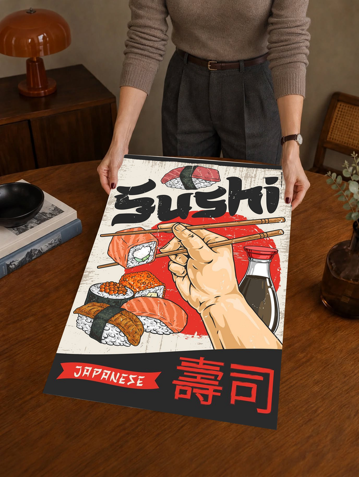 Sushi wall art print with hand holding chopsticks over nigiri, red soy sauce bottle, Japanese text