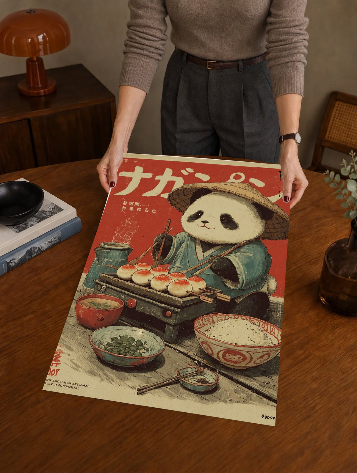 Panda art print poster: panda chef in hat cooking, red Japanese-style scene