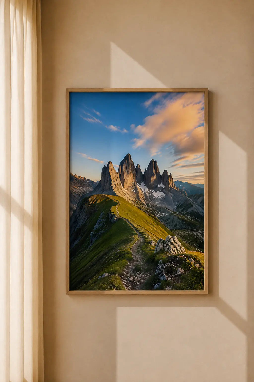 Dolomites mountain landscape art print in brown frame on wall, grassy trail and peaks