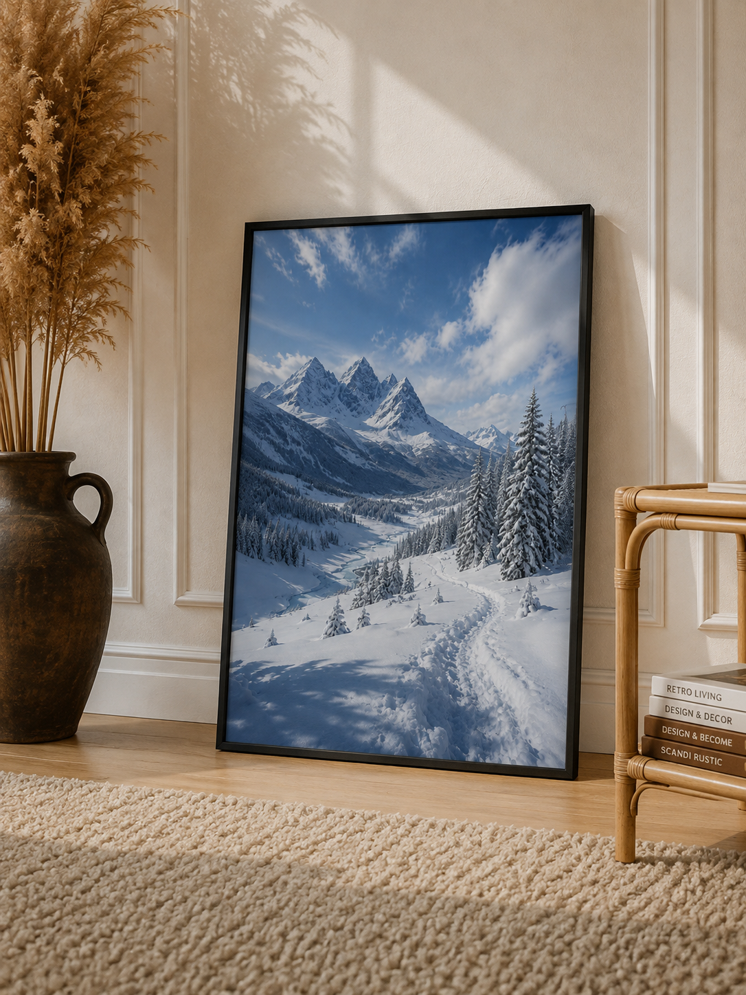 Snowy Alpine Valley Art Print featuring rugged peaks, snowy slopes and a peaceful winter valley