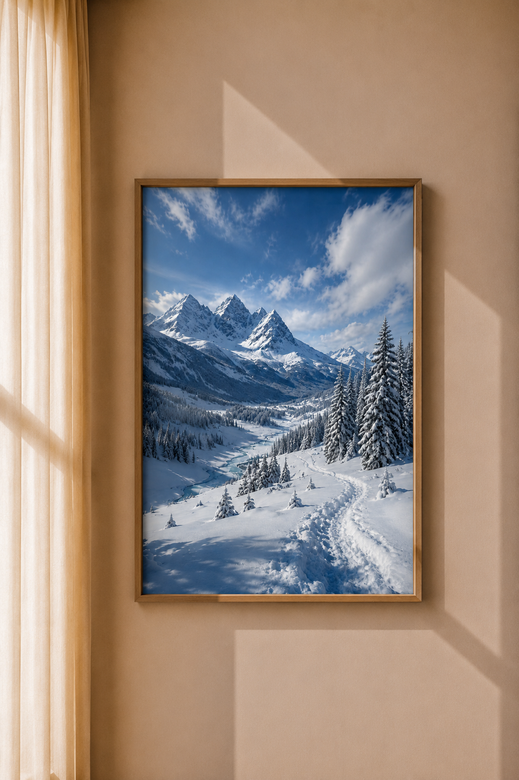 Snowy Alpine Valley Art Print displayed as scenic winter wall art in a warm modern interior
