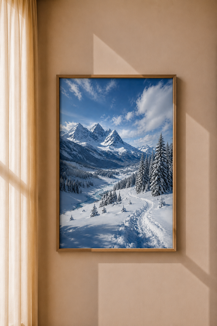Snowy Alpine Valley Art Print displayed as scenic winter wall art in a warm modern interior
