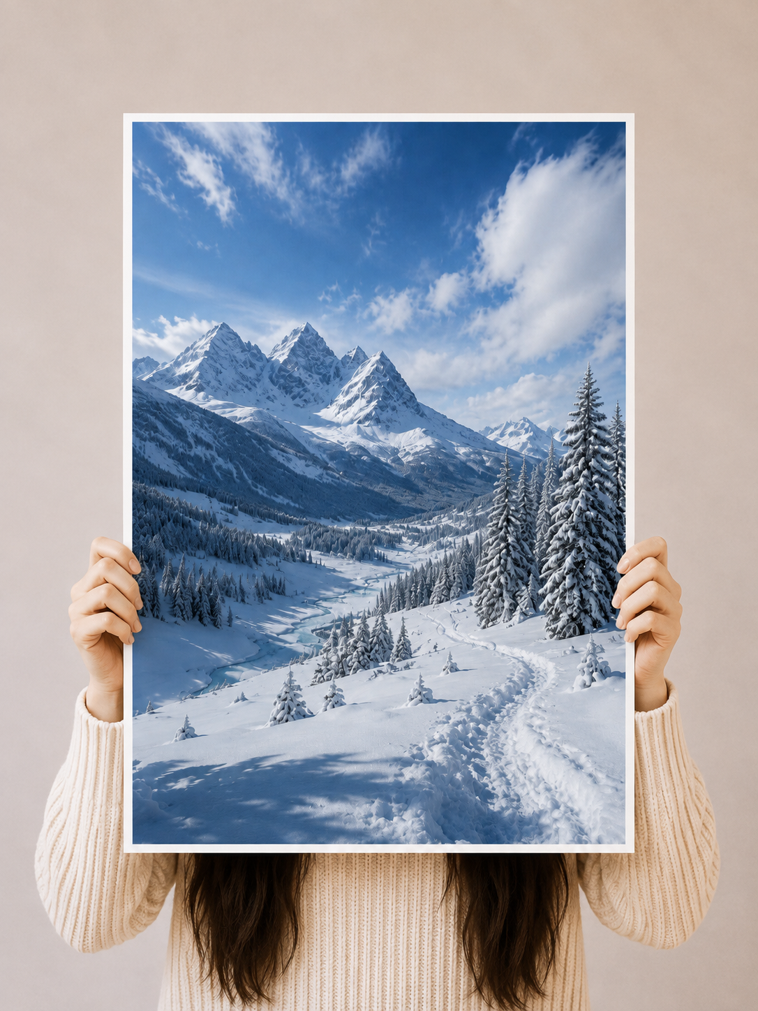 Snowy Alpine Valley Art Print featuring dramatic mountain peaks beneath a crisp blue winter sky