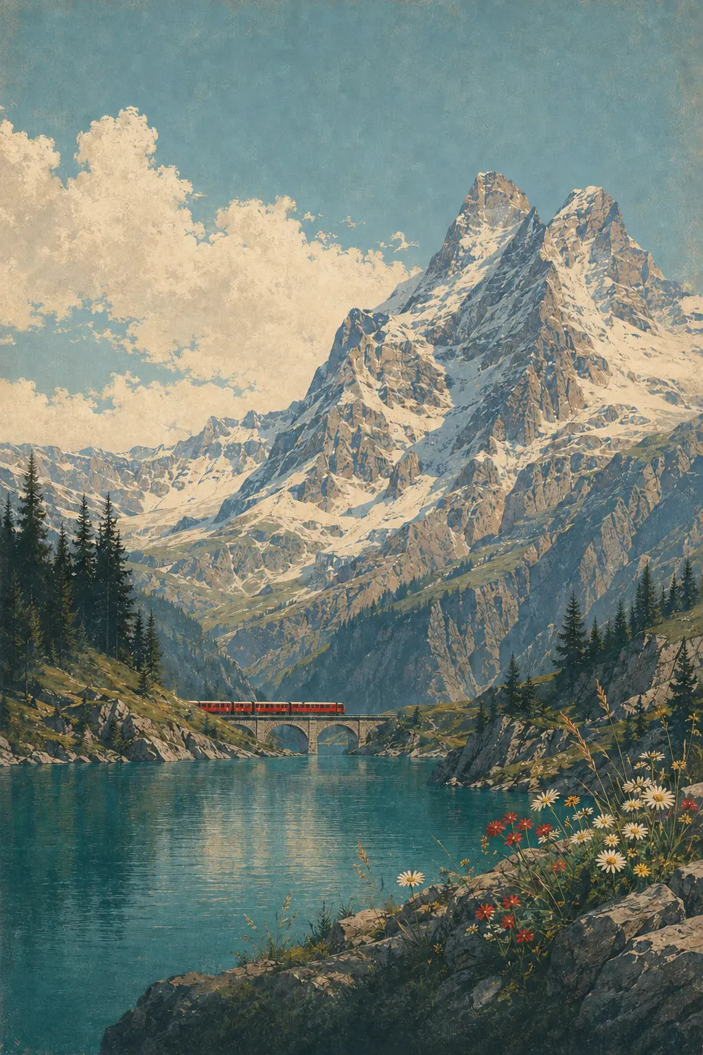 Close-up mountain lake art print with snowcapped peaks, bridge, and flowers