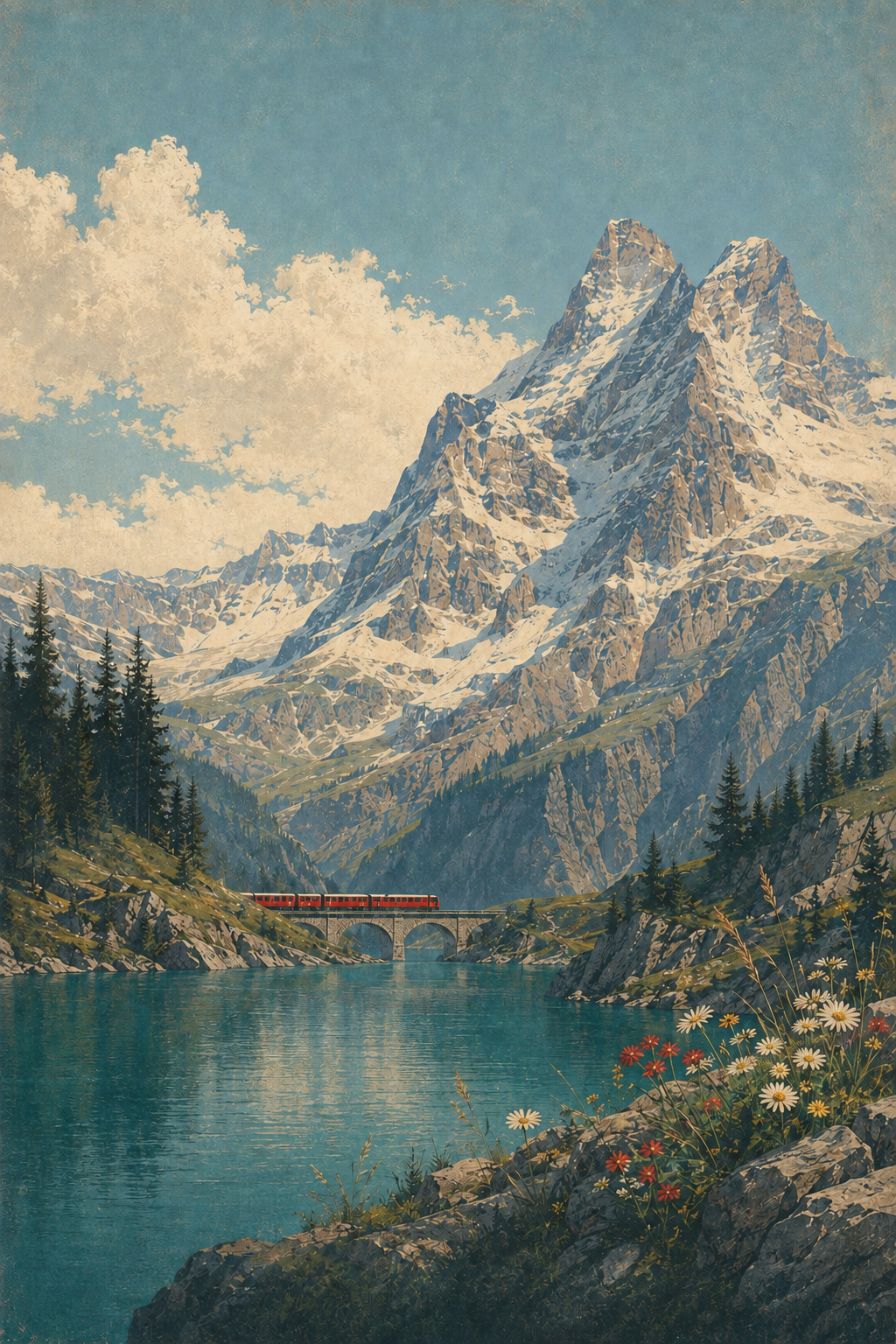 Alpine Lake Mountain Art Print featuring blue water, rugged peaks and atmospheric wilderness scenery
