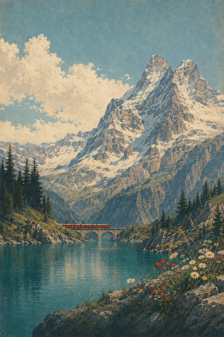 Alpine Lake Mountain Art Print featuring blue water, rugged peaks and atmospheric wilderness scenery