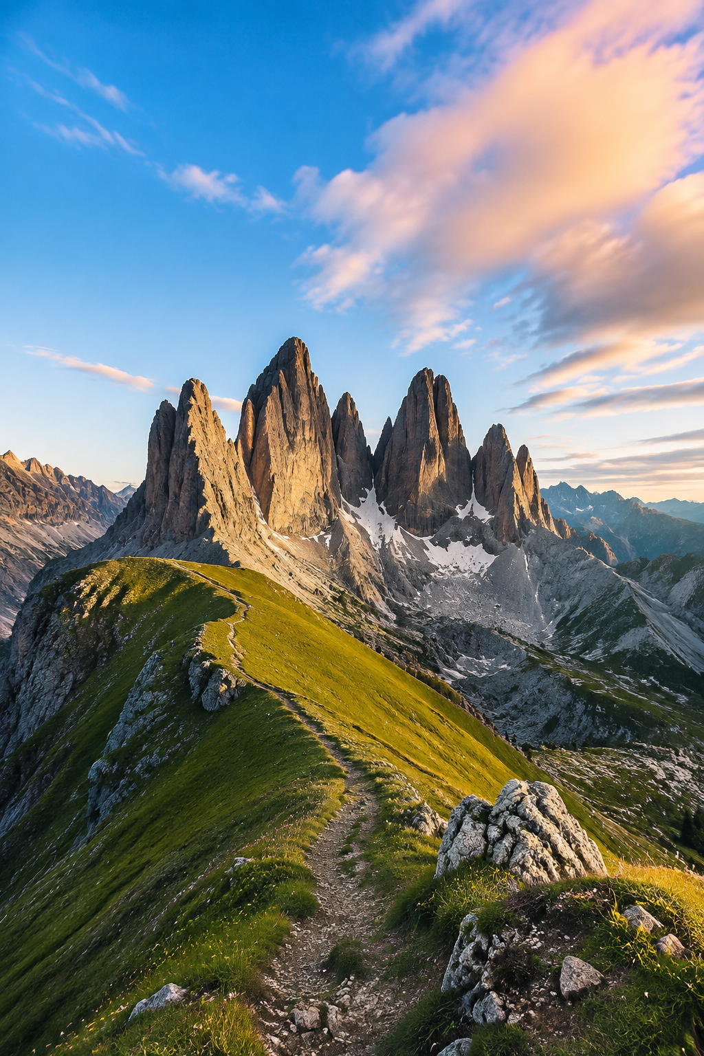 Dolomites Mountain Art Print poster featuring towering alpine formations and a scenic green mountain ridgeline