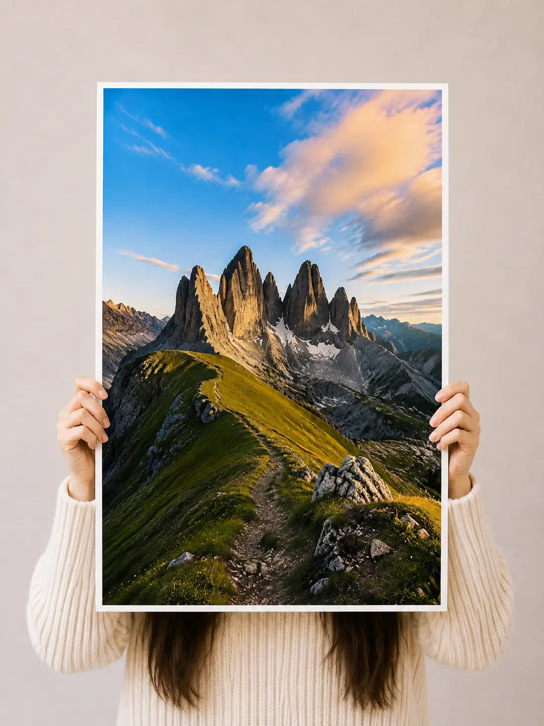 Dolomites mountain landscape art print with white border, held by person in sweater