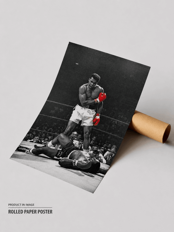 Rolled paper boxing poster: monochrome Ali with red gloves, action pose