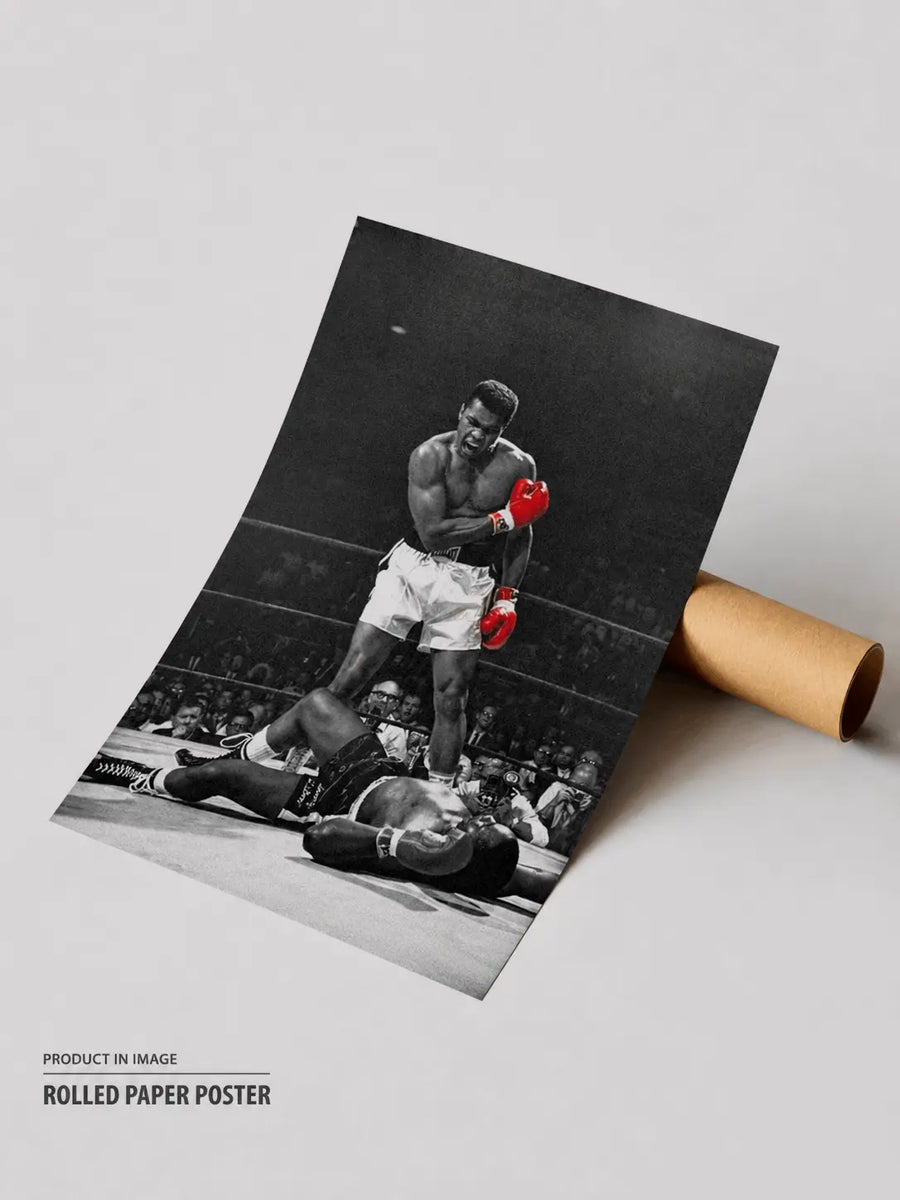 Rolled paper boxing poster: monochrome Ali with red gloves, action pose