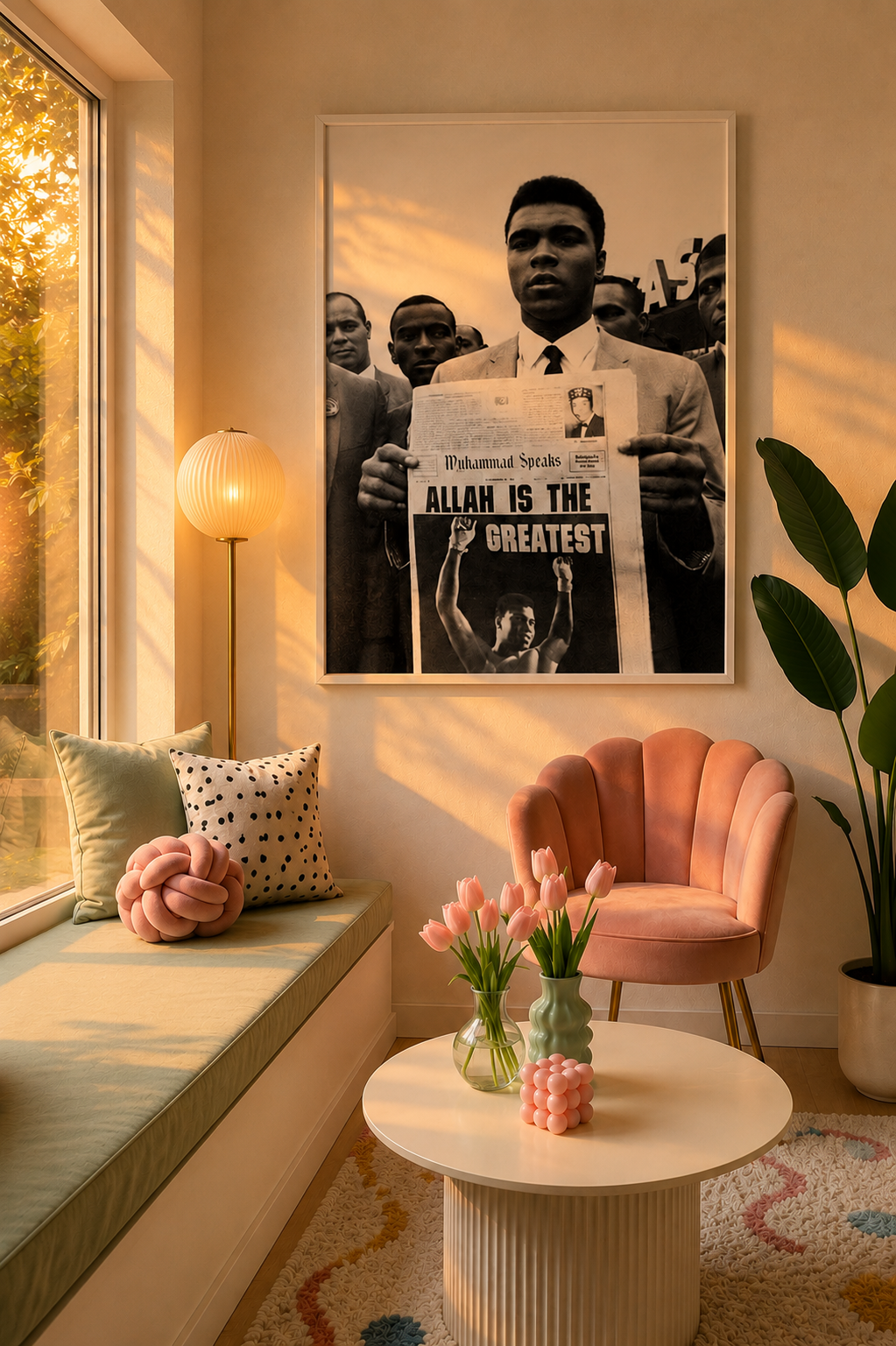 Framed Muhammad Ali poster with portrait and religious quote text