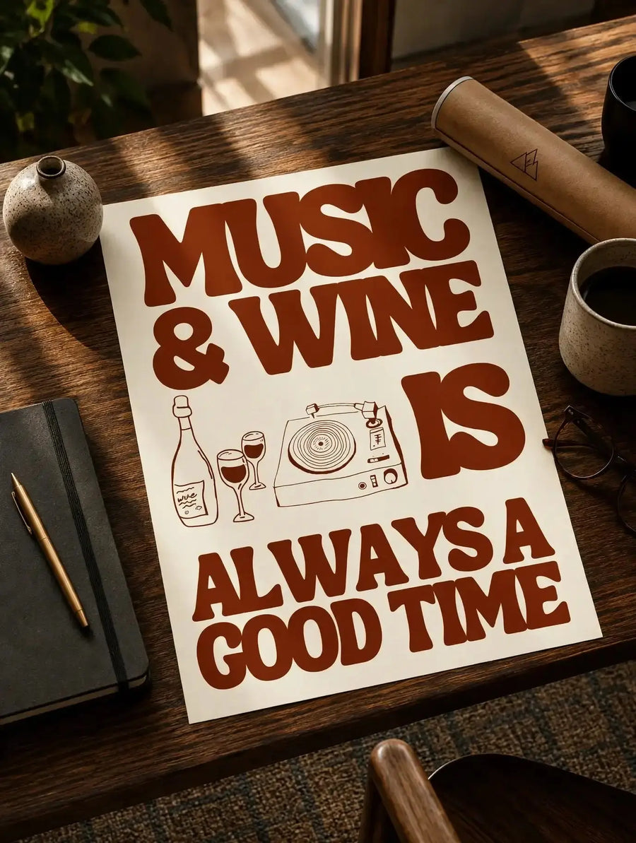 Angled vintage music and wine print on wood with red MUSIC & WINE and GOOD TIME text