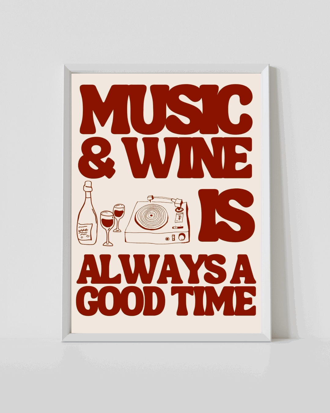 Framed vintage wall art print with red “Music & Wine” text and wine icons on cream