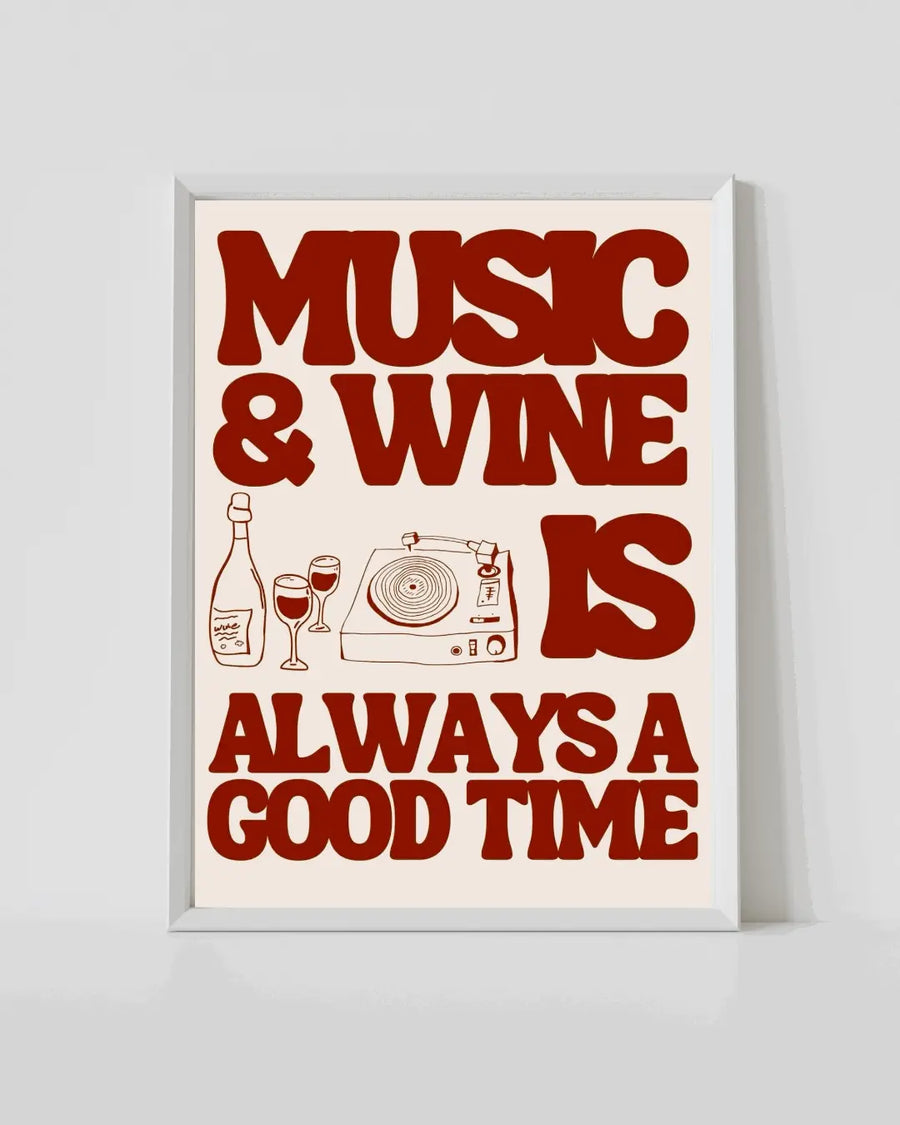 White-framed vintage music and wine print with red text and drink/turntable icons