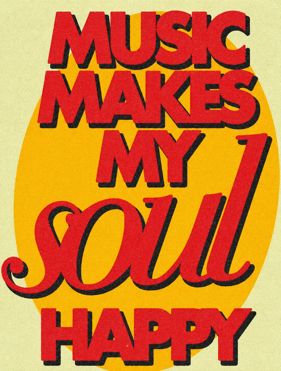 Close-up of music quote print text on yellow background with red and black letters.