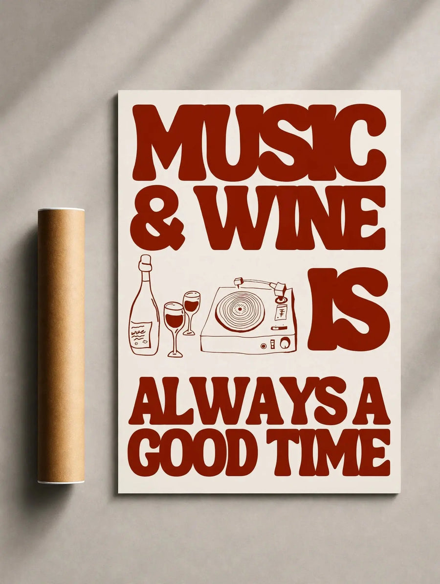 Wandkunstdruck mit rotem Schriftzug „Music & Wine“, Flaschen- und Glas-Symbolen auf cremefarbenem Hintergrund